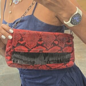 Made In Italy Boho Fringe Leather Red and Black Snake Print Clutch Shoulder Bag